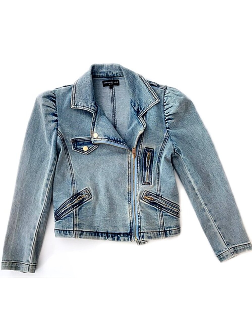 Generation Love Denim Jacket Puffed Shoulders Light Wash Blue Small